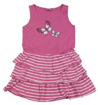 Tmavorůžovo-bílé šaty s motýlky a pruhy a volánky alive