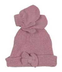 Nové - 2Set - Růžová melírovaná čepice s mašlí + palcové rukavice