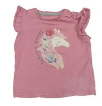 Růžové tričko s jednorožcem s květy Mothercare