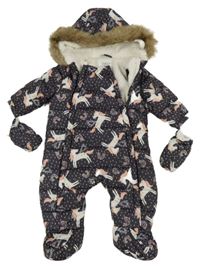 Antracitová vzorovaná šusťáková zimní kombinéza s jednorožci a kapucí + rukavice F&F