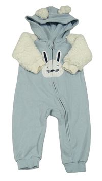 Světlemodro-smetanová teplákovo/huňatá kombinéza s králíkem a kapucí