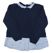 Tmavomodrý lehký svetr s pruhovanou halenkou s třešněmi H&M