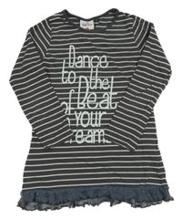 Tmavošedo-světlešedá pruhovaná tunika s nápisem a tylem Topolino