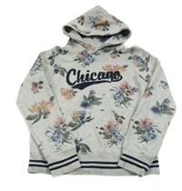 Šedá melírovaná květovaná mikina s nápisem a kapucí H&M