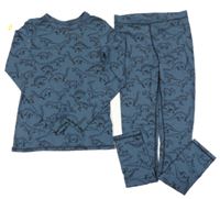 2set - Tmavomodré spodní triko s dinosaury + kalhoty H&M