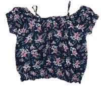 Tmavomodré květované crop tričko s listy Y.F.K.