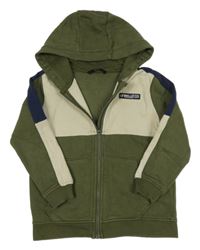Khaki-béžovo-tmavomodrá propínací mikina s nášivkou a kapucí George