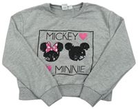 Šedá melírovaná crop mikina s Mickeym a Minnie Disney