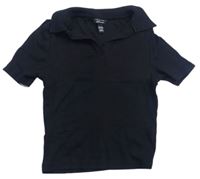 Černé žebrované crop tričko s límečkem New Look