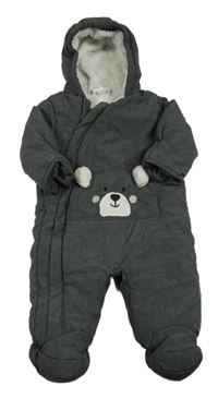 Tmavošedá šusťáková zimní kombinéza s medvědem a kapucí Topomini