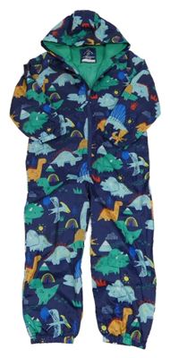 Tmavomodro-zelená šusťáková jarní kombinéza s dinosaury a kapucí George