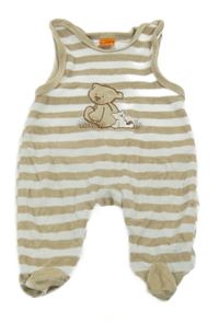 Bílo-béžové pruhované sametové dupačky s medvědem 