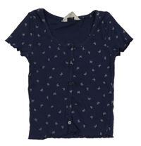 Tmavomodré žebrované tričko s motýlky H&M