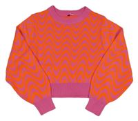 Růžovo-oranžový neonový vzorovaný crop svetr 