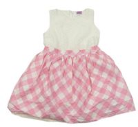 Smetanovo-růžovo-bílé krajkovo/plátěné šaty s kostkovanou sukní F&F