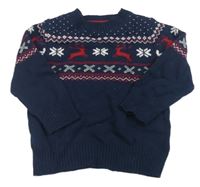 Tmavomodro-bílo-červený vlněný svetr se soby a norským vzorem H&M
