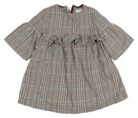 Béžovo-tmavomodro-červeno-khaki kostkované šaty s volánkem Zara