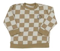 Bílo-béžová kostkovaná mikina se smajlíkem Tu