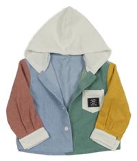 Bílo-modro-růžovo-hořčicová žebrovaná sametová košilová bunda s kapucí Shein