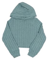 Světlemodrá žebrovaná úpletová crop mikina s kapucí Shein