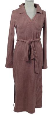 Dámské starorůžové žebrované úpletové midi šaty s páskem Stella Morgan