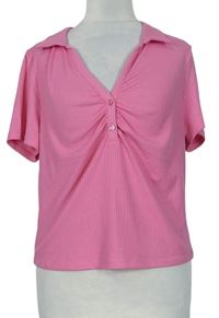 Dámské růžové žebrované crop tričko s límečkem New Look 