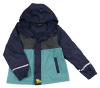 Tmavomodro-šedo-modrá nepromokavá jarní bunda s traktorem a kapucí 