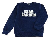 Tmavomodrá vzorovaná chlupatá mikina s nápisem 