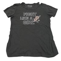 Tmavošedé tričko s nápisem a kytičkami Blue seven