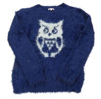 Tmavomodrý huňatý svetr se sovou Bluezoo