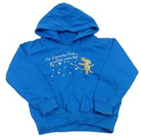 Modrá mikina s nápisem, myší a kapucí