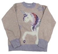 Starorůžový melírovaný svetr s jednorožcem s flitry Next