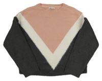 Růžovo-bílo-šedý chlupatý crop svetr Primark