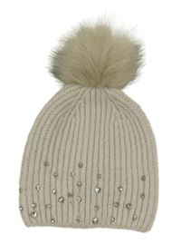 Smetanová žebrovaná pletená čepice s kamínky a bambulí Tu
