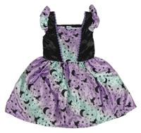 Kostým . Černo-fialové saténové šaty s hvězdami 