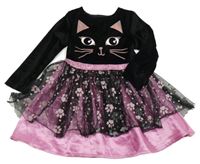 Černo-růžové sametovo/tylové šaty s kočkou 