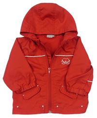 Červená šusťáková jarní bunda s výšivkou a kapucí 