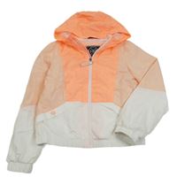 Oranžovo-bílá šusťáková crop jarní bunda s kapucí