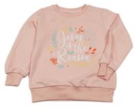 Broskvová mikina s nápisem a listy 