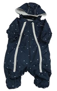 Tmavomodrá šusťáková zateplená kombinéza s hvězdičkami a odepínací kapucí 