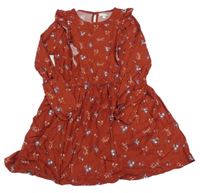 Rezavé šaty s kytičkami a volánky Vertbaudet