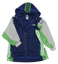 Tmavomodro-zeleno-šedá propínací mkina s logem a odepínací kapucí Adidas