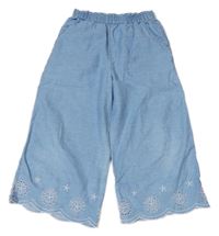 Světlemodré plátěné culottes kalhoty s výšivkou Tu