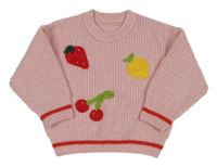 Světlerůžový žebrovaný pletený oversize svetr s ovocem Matalan