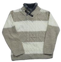 Béžovo-smetanový pruhovaný melírovaný vzorovaný pletený svetr 