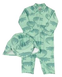 2Set - Pistáciový UV overal s krokodýlky + čepice Tu