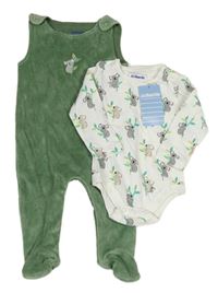 2Set - Khaki sametové podšité dupačky s koalou + bílé body s koalami zn. Jojo Maman Bébé
