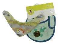 2Set - Mátovo/petrolejový bryndák se želvičkou baby bib + pruhovaný šátek/slinták s opičkou 