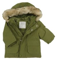 Khaki šusťáková zimní bunda s kapucí s kožešinou PRIMARK