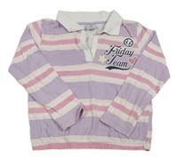 Fialovo-světlerůžovo-růžovo-bílé pruhované mikinotriko s nápisy a obrázky a límečkem Y.F.K.